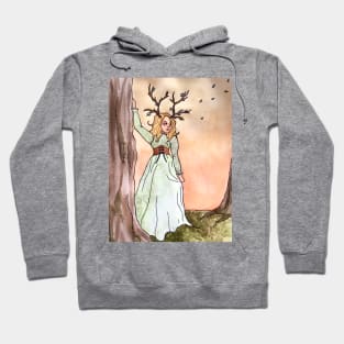 Cottagecore Deer Girl: Mossy Forest at Sunset Hoodie